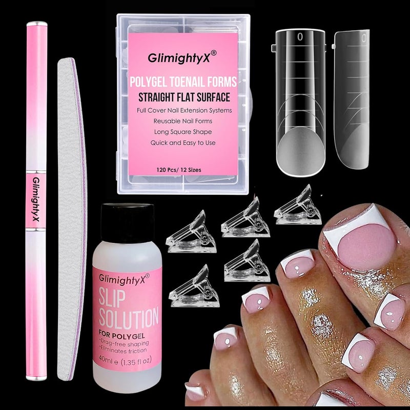 GlimightyX Straight Flat Polygel Nail Forms Kit for Toes, Reusable Toenails Dual Forms for Polygel with 1.35oz Nail Slip Solution Anti-Stick,with Dual-Ended Brush,Nail File Nail Clips,12 Sizes 120Pcs - Image 1